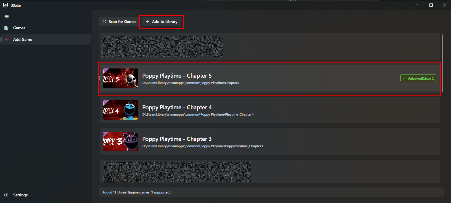 A game selected with the Add to Library button at the top