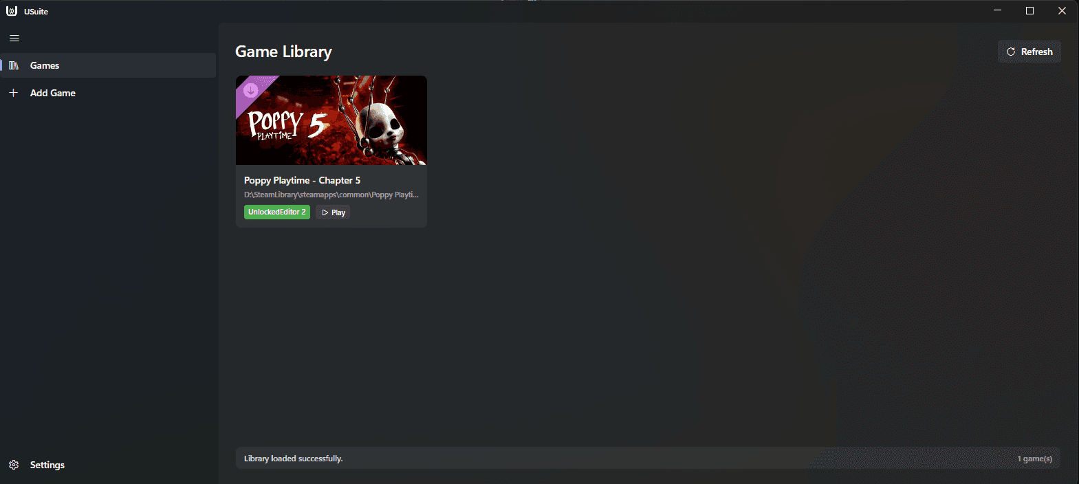 The Games page showing the newly added game