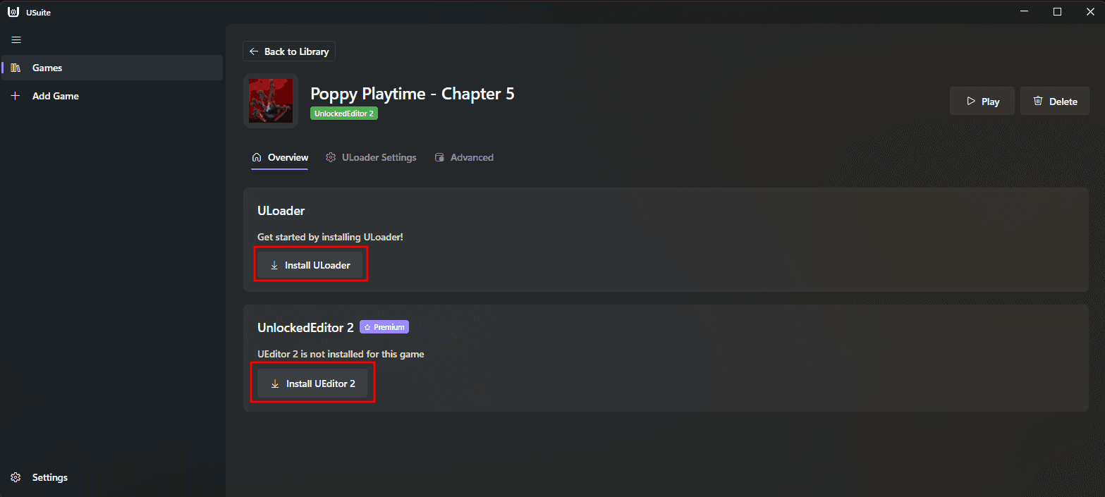 Install options for a game in USuite